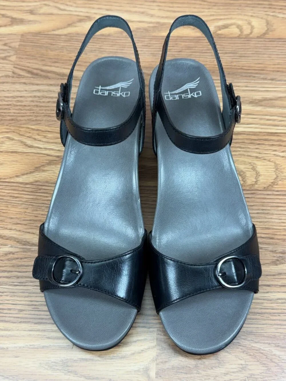 Dansko Leather Wedge Sandals Arielle Black Women's Sz 40 -9.5/10 Buckle Comfort